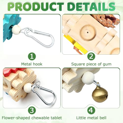 2 Pcs Bird Chew Toys for Parrots, Rotating Wooden Block Foraging Toy with Pine Cones & Bell, Hanging Multi-Layer Parrot Enrichment Cage Accessories for Beak Grinding, for Conure, Cockatiel, Budgie