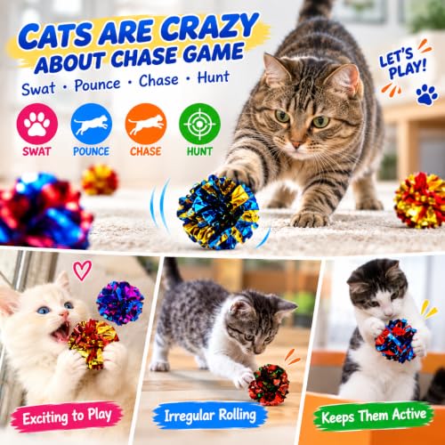 Cat Crinkle Ball Toys, 10 Pack 2.3 Inch Colorful Crinkle Balls for Indoor Cats and Kittens, Interactive Cat Toys for Swatting, Chasing, Pouncing and Hunting - size: 10 Packs