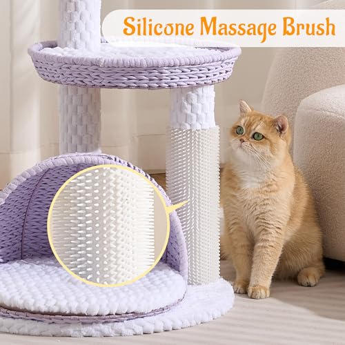 HITTITE Modern Cat Tree Tower with Scratching Post, 46 Inches Tall Cat Towers with Woven Cat Nests and Cave, Multi-Level Cat Tree With Removable Cushions and Massage Brush for Indoor Cats Large Adult. - color: 46"-Purple