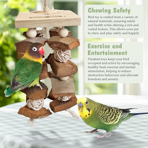 PINVNBY Bird Toys Parrot Toys, Natural Wood Bird Chewing Toys, Parakeet Hanging Toys for African Grey Macaws Cockatoos Eclectus Small and Medium Parrots(with Coconut Shell) - size: D: With Coconut Shell