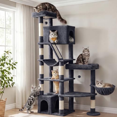 Feandrea Large Cat Tree, 74.1" Tall Sturdy Cat Tower for Indoor, Dark Gray - color: Dark Gray, size: 41.3"L x 17.7"W x 74.1"H