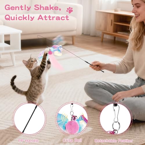 Pawaboo Cat Feather Wand Interactive Toy, 2 Feathers + 1 Wand with Bell - color: Pink Butterfly