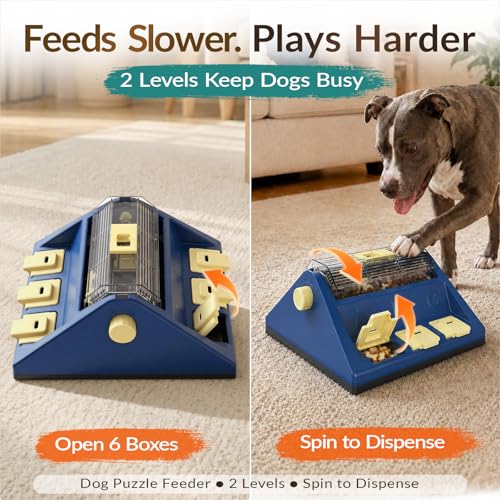 KADTC 2-Level Dog Puzzle Toy Rotating Treat Dispenser for Small/Medium Dogs - color: Blue, size: Large
