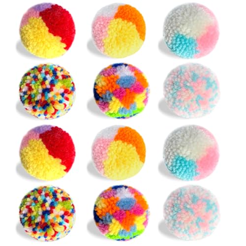 Assorted Color Cat Ball Toys, Woolen Yarn Puffs Pom Balls Interactive Kitten Chasing Toys Cat Chase Balls (12Pcs) - color: 12Pcs