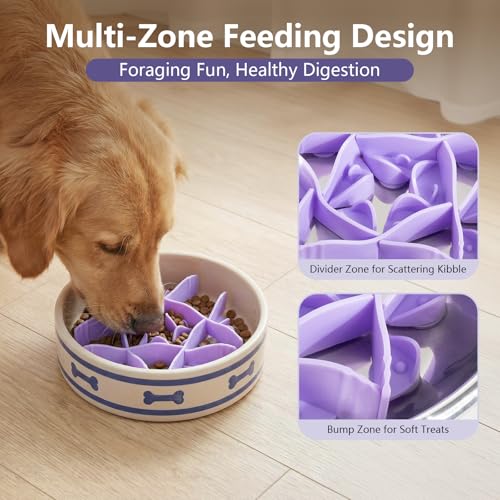 Silicone Dog Slow Feeder Bowl Insert with Suction Cups, Cuttable Food-Grade Lick Mat Divider Fits Stainless Steel Ceramic Glass Dog Bowls, Helps Slow Down Eating, Purple - color: Purple