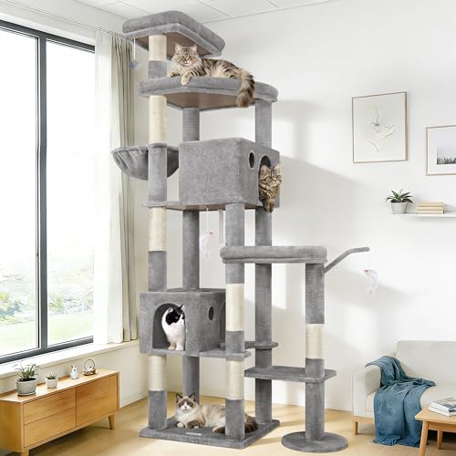 Globlazer 83 Inch Cat Tree Tower for Large Cats, Big Cat Tree for Multi-Cat Household with 2 Condos, 7 Sisal Posts, 2 Perches and Hammock, Sturdy Tall Kitten Activity Center, S83, Light Gray - color: Light Gray, size: 83 Inch