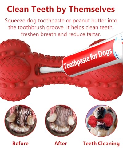 SCHITEC Squeaky Dog Chew Toy for Aggressive Chewers Large Breed, Tough Interactive Teething Rubber Bone for Big Medium Dogs - color: Red