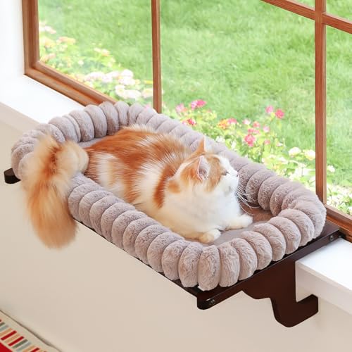 Zakkart SnugCloud Cat Perch for Windowsill (Dark Stained Wood/Brown, M) - color: Dark Stained Wood w/ Brown Bed, size: Medium (22"x15")