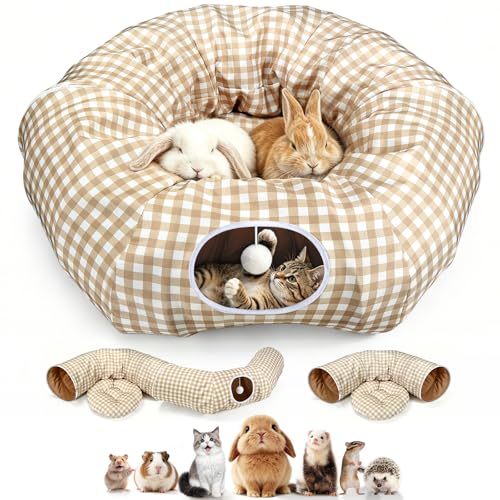 3-in-1 Bunny Tunnel Bed,Collapsible Rabbit Tunnel Toy,Portable Playground - color: YellowPlaid
