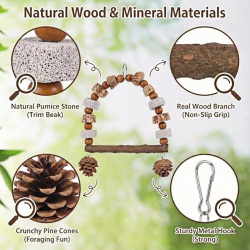 Natural Wood Bird Swing Toy for Parakeets Cockatiels, Parrot Hanging Perch with Chewing Pine Cones & Beak Grinding Pumice Stone, Bird Cage Accessories for Conure Lovebirds Budgies - Boredom Relief - color: Natural Wood-A