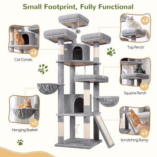 Globlazer 80in Heavy Duty Cat Tree for Large Cats, Multi-Level Cat Furniture Activity Center with 2 Condos, 2 Hammocks, 3 Perches & Sisal Scratching Posts, F80H,Light Gray - color: Light Gray, size: 80 Inch