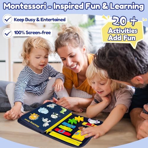 Qizfun Toddler Busy Board Montessori Toys – Sensory Busy Book, Educational Learning Travel Toy for Airplane & Car, Keeps Toddlers Entertained, Birthday Gifts for Toddler Boys Girls (Blue/P8) - style: Blue Dino/P8