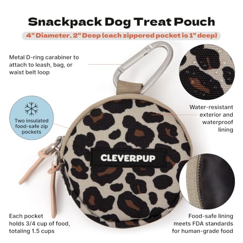 Cleverpup Snackpack Double Insulated Dog Treat Pouch – 1.5 Cup, 2 Pockets – Leopard - color: Leopard