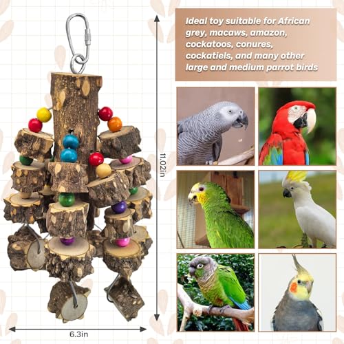 PINVNBY Large Bird Parrot Toys, Natural Wooden Blocks Chew Toy, Durable Cage Bite for African Grey Cockatoo Macaws Cockatiels Eclectus Large Medium Parrots (Small Size, Wire Link) - size: B: Wire Link, Pepper Wood