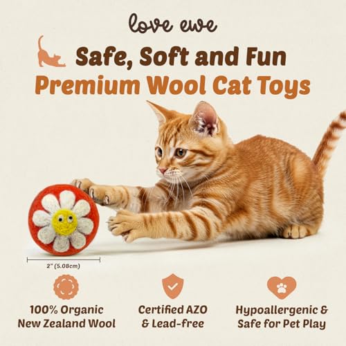 Love Ewe Wool Cat Toys Ball 3 Pack, 2-inch Flower and Bee - color: Flower/Bee
