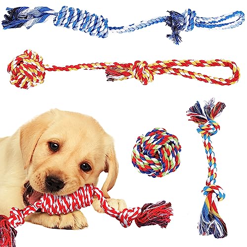 SunGrow, 5-Pack Ferret Rope Chew Teething Toys, Puppy Chew Toys & Accessories for Cage, Machine-Washable Durable Cotton Knotted Rope Dog Tug Toys for Small to Medium Breeds, 3” - 19”