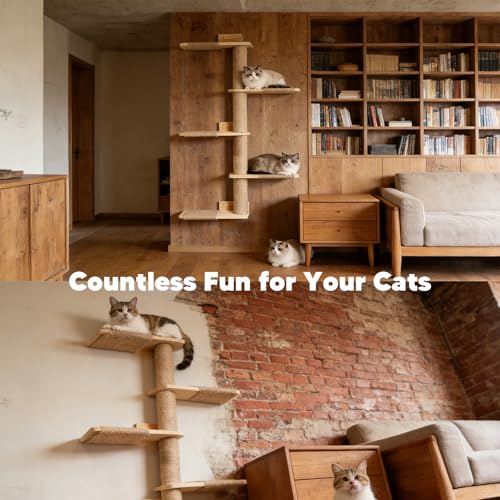 Tall Wall Cat Tree 50"‌, Wood Cat Wall Shelves Wall-Mounted Scratching Post - size: 4-Tier Cat Tree, Natural Jute Color
