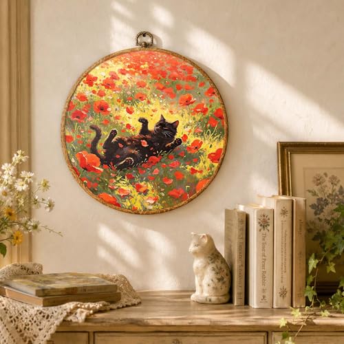 NQDWX Black Cat Wall Art, Poppy Flowers Black Cat Painting Framed Wall Art, Hanging Canvas Prints Farmhouse Bedroom Bathroom Living Room Decor, Cat Lover Gift 10x10 Inch (016) - color: Cat E