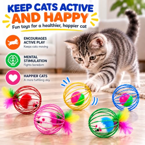 Cat Toys 6 Pack for Indoor Cats & Kittens, Metal Cage Balls with Mice & Bells, Colorful Jingle Bell Ball Toys, Interactive Mouse Toys for Swatting, Chasing & Pouncing