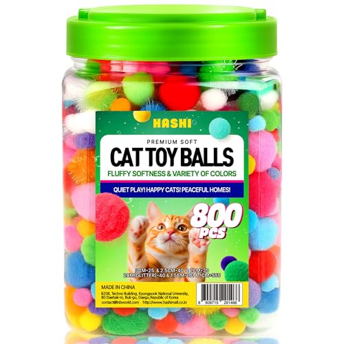 HA SHI 800pc Cat Pom Pom Balls in Jar - 0.4-1.2in Soft Quiet Cat Toys - color: 800pcs
