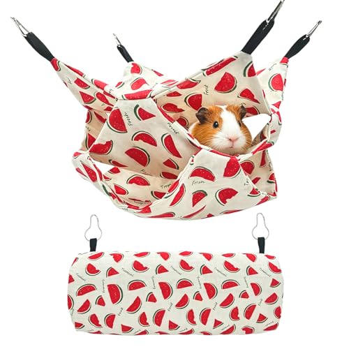 Small Animal Hammock and Tunnel Set, 3-Tier Hanging Hideout - color: Watermelon