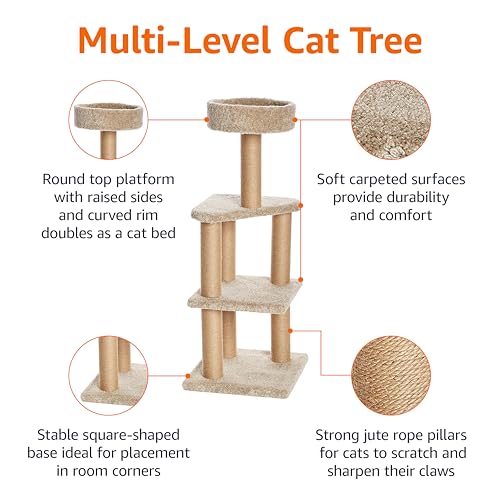 Amazon Basics Cat Tree Tower - Multi-Level Climbing Activity Center for Indoor Cats & Kittens with Scratching Posts, Platform, Jute Rope, Large (45.9"H), Beige - size: Large