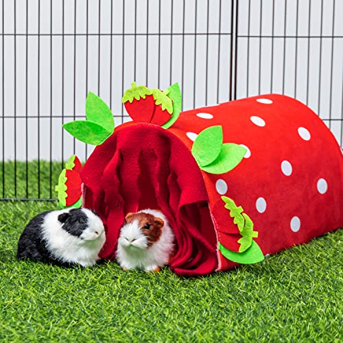 Guinea Pig Hideout, Soft Fleece Strawberry Pet Bed & Tunnel House - color: Pink