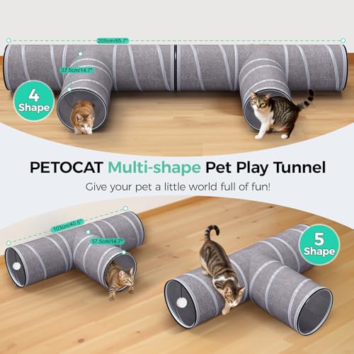 PETOCAT Cat Tunnel 4 Way with Teaser Wand & 2 Plush Ball, 5 Shapes Available, 54/80.7" L, H-Shaped Collapsible Pet Play Tube Maze for Kitten Puppy Bunny Ferret Rabbit, Indoor/Outdoor Peekaboo Cave - size: L-H-Shape