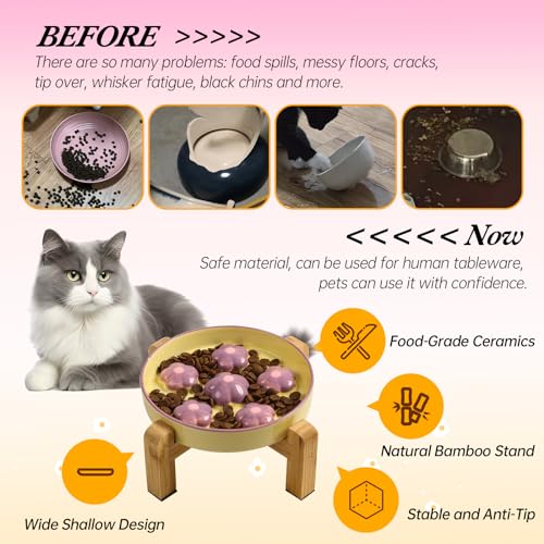 Elevated Ceramic Slow Feeder Cat Bowl with Anti-Slip Bamboo Stand - color: Light Purple