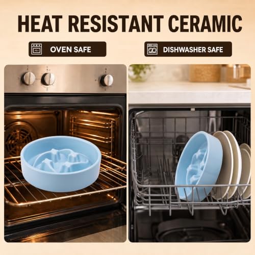 Elevated Ceramic Slow Feeder Dog Bowls Anti-Choking Slow Feeding for Small&Medium Size Anti-Slip Non-Lead & Toxic Durable Easy to Clean Maze Slow Feeder Bowl（8.26in Mint Blue Stars Pattern） - color: Mint Blue Stars Pattern, size: 1.6Cup