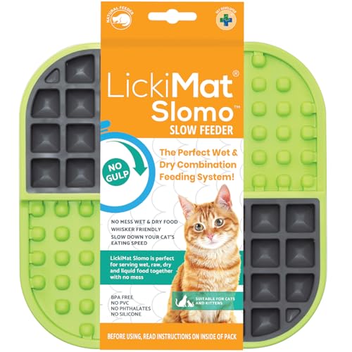LickiMat Slomo, Cat Slow Feeder Lick Mat, Boredom Anxiety Reducer; Perfect for Food, Treats, Yogurt, or Peanut Butter. Fun Alternative to a Slow Feed Cat Bowl or Dish, Green - color: Green