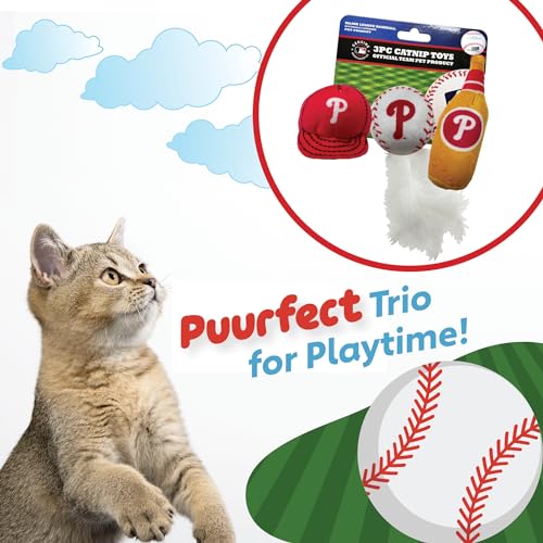 Best Plush CAT Toy - MLB Philadelphia Phillies Complete Set of 3 Piece Cat Toys Filled with Catnip. Incld: 1 Baseball Cap Cat Toy, 1 Baseball Cat Toy with Feathers & 1 Beer Bottle. Team Logos - color: Philadelphia Phillies