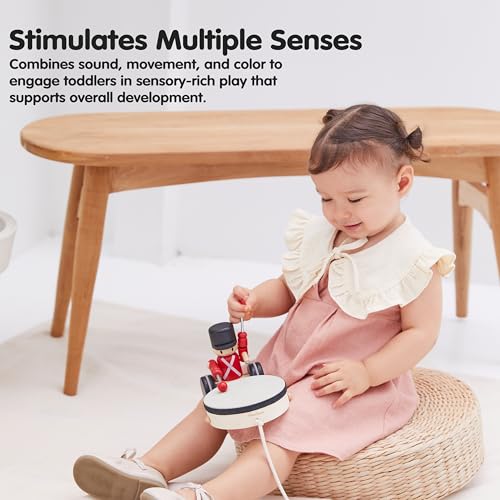 PlanToys® Wooden Pull Along Drummer Musical Toy for Kids Toddler Active Set - color: Pull Along Drummer