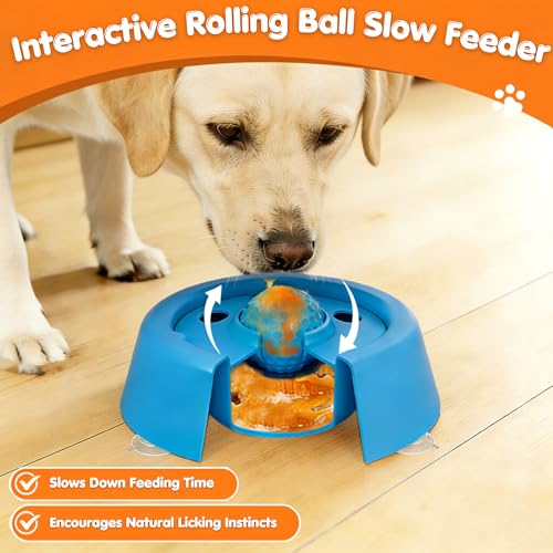 Dog Slow Feeder Lick Bowl with Rolling Ball, 6.7oz Suction Cup Bowl