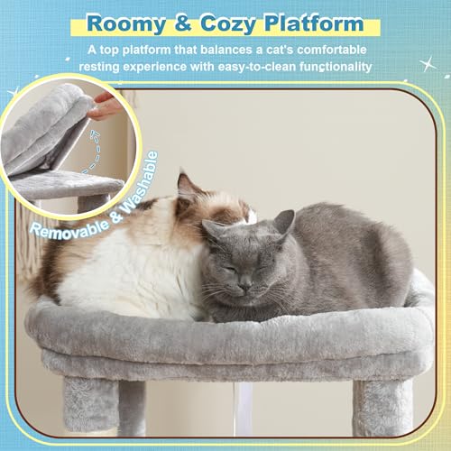 Hey-brother Cat Tree Tower with Plush Steped Condos, Big Platform, MPJ071W - color: Light Gray, size: 50 inches