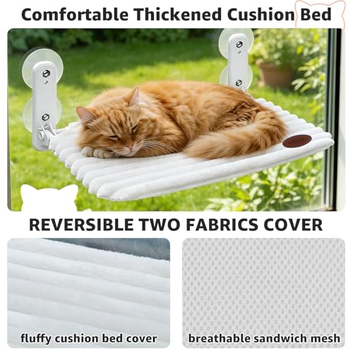 Woochpet Cat Window Perch Bed,Foldable Kitty Windowsill Hammock Shelf Seat,Kitten Window Sill Lounger with Soft Rabbit Fur Cover Cushion Machine Washable,Solid Metal Frame and Strong Suction Cups - color: White-Small