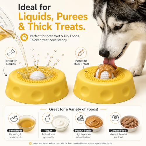 2PCS Slow Feeder Dog Bowl Lick Toy with Rolling Ball & Suction Cup - color: Blue+Yellow
