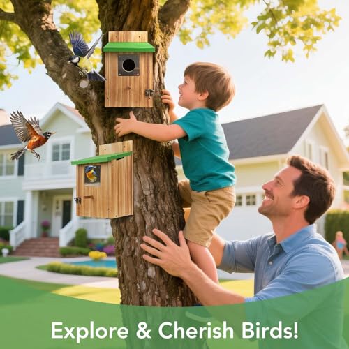2 Pack Bird Houses for Outside- Cedar Bird House with Metal Predator Guard - color: Green - 2 Pack