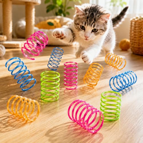 12Pcs Cat Spring Toy Set, Interactive Spiral Pet Play Accessories Pack, for Indoor Outdoor Activity Entertainment Use - color: 3Red,3Blue,3Green,3Yellow, size: 12P