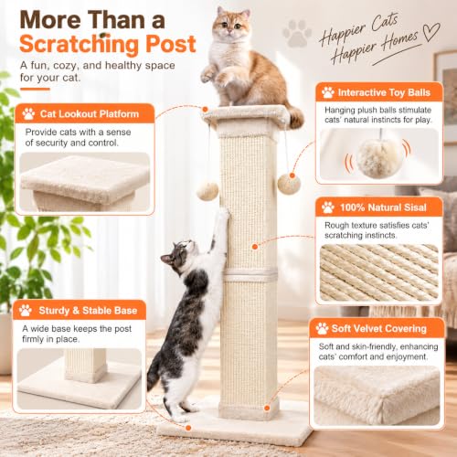 SOCATER Cat Scratching Post 33 Inch Nature Sisal Cat Scratch Post for Indoor Cats, Large Cat Scratcher Protect Your Furniture, for All Breeds - color: white