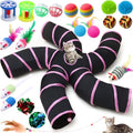 Poen 21 Pcs Cat Tunnel for Indoor Set Collapsible 5 Way Tubes with 20 Pcs Cat Kitten Toys Interactive Feather Toy Mouse Crinkle Balls Tube for Puppy Kitten Rabbit(Pink Black) - color: Pink Black