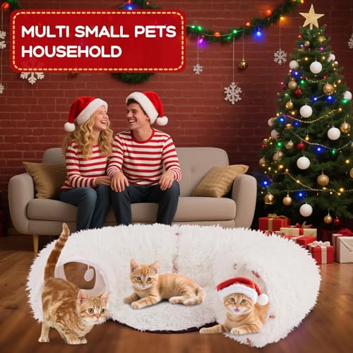 Hollowfly Christmas Cat Bed Tunnel 3ft x 3ft x 9.8in Under Tree Cat Donut Tunnels for Indoor Kittens Xmas Winter Plush Peekaboo Cave Toy Collapsible 3 Way for Small Kitty(Fluffy) - style: Fluffy