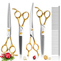 Professional 7.5" Dog Grooming Scissors Kit 4pcs, JP 440C Stainless Steel Curved Blender Straight Chunker Shears for Dog Cat and Pets (7.5 in Kit, Gold) - size: 7.5 inch, style: Kit