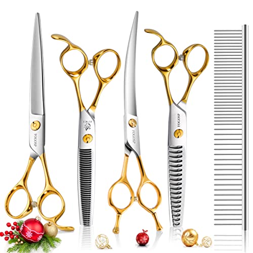 Professional 7.5" Dog Grooming Scissors Kit 4pcs, JP 440C Stainless Steel Curved Blender Straight Chunker Shears for Dog Cat and Pets (7.5 in Kit, Gold) - size: 7.5 inch, style: Kit