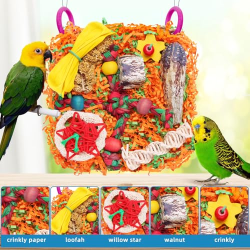 Bird Toys for Small & Medium Parrots - Natural Foraging & Shredding Cage Hanging Toys with Seagrass Mat, Starfruit, Loofah Slices for Budgies, Cockatiels, Lovebirds, Conures (2 PCS) - size: 2 PCS