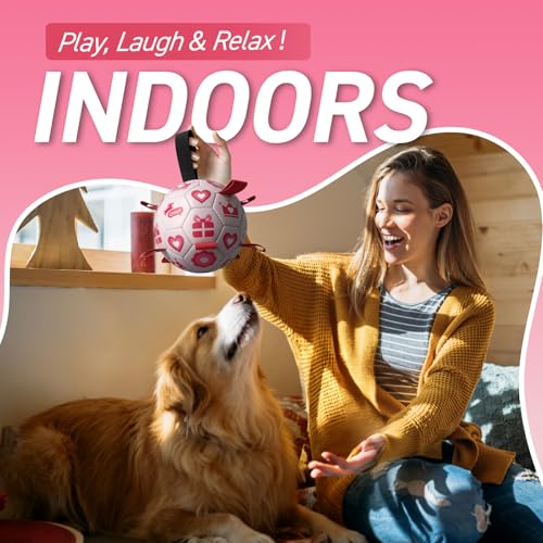 QDAN Valentines Gift Dog Toys, 8 Inch Dog Soccer Ball with Straps, Pink - color: Pink, size: Large Size 3 (8 Inch)