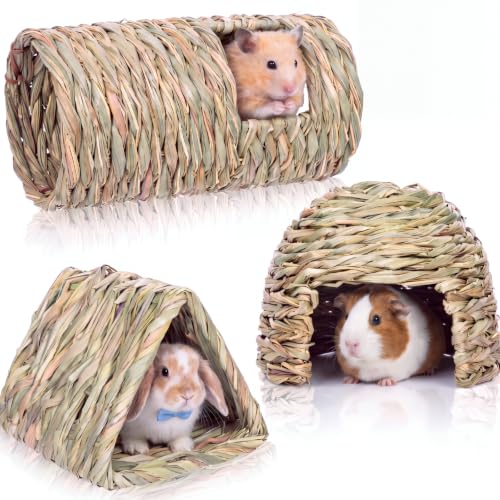 3 Pcs Guinea Pig Natural Grass Tunnel Set - Bunny Hideout House & Explore Tube, Winter Warm Small Animal Hideaway Toys for Syrian Hamsters Rats Chinchillas
