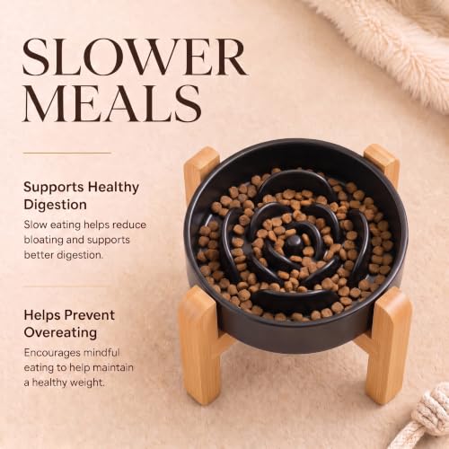 Elevated Ceramic Slow Feeder Dog Bowls Anti-Choking Slow Feeding for Medium& Large Anti-Slip Non-Lead & Toxic Durable Easy to Clean Maze Slow Feeder Bowl（8.66in Black Flower Pattern） - color: Black Flower Pattern, size: 3.6Cup