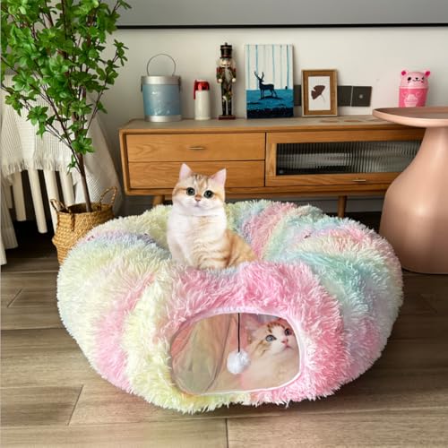 Cat Bed Tunnel Tube Toy Rainbow Plush - color: Colorful Plush