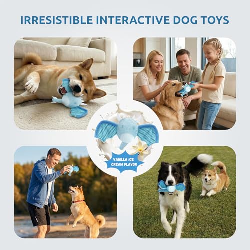 Interactive Dog Squeaky Toys, Indestructible Chew Toys Built-in Vanilla Ice Cream Flavored Ball, Puppy Plush Toys for Small Medium Chewers to Keep Them Busy - Blue Bat - color: Blue Bat